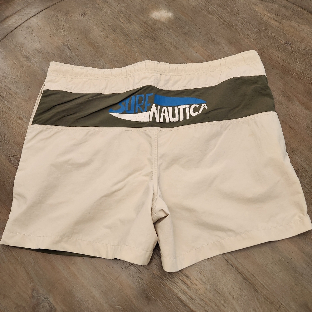 Vintage Nautica Swim Trunks Mens Large Spellout Colorblock Surf Nylon Tan Retro